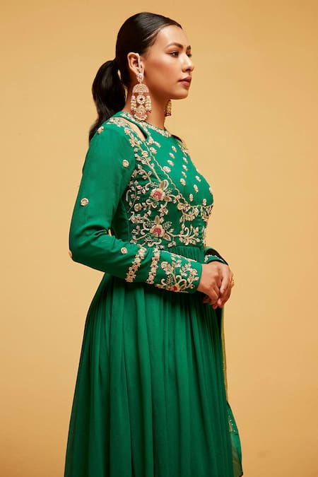 Buy_Suruchi Parakh_Green Georgette Embroidery, Zari High Neck Floral Anarkali With Dupatta _Online_at_Aza_Fashions