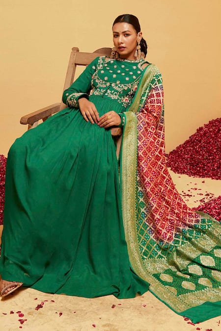 Shop_Suruchi Parakh_Green Georgette Embroidery, Zari High Neck Floral Anarkali With Dupatta _Online_at_Aza_Fashions