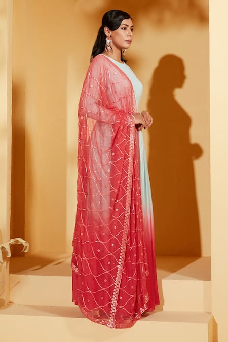 Suruchi Parakh_Blue Georgette, Chiffon Sequins Round Solid Anarkali With Embroidered Dupatta _Online_at_Aza_Fashions