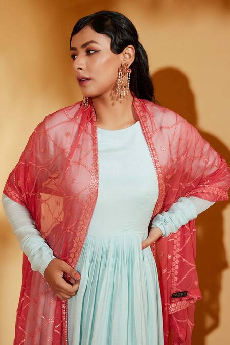 Buy_Suruchi Parakh_Blue Georgette, Chiffon Sequins Round Solid Anarkali With Embroidered Dupatta _Online_at_Aza_Fashions