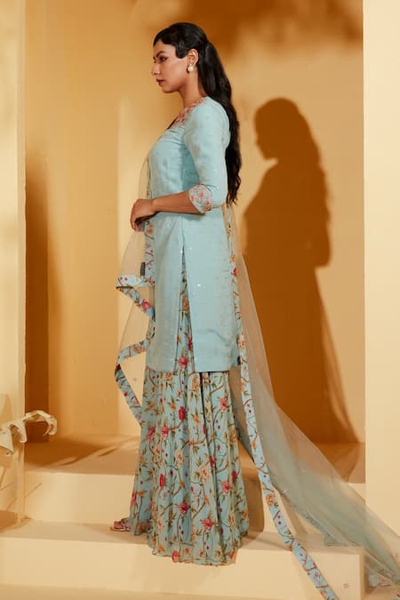 Suruchi Parakh_Blue Georgette, Crepe Embroidery, Sequins Round Neck Kurta Sharara Set _Online_at_Aza_Fashions