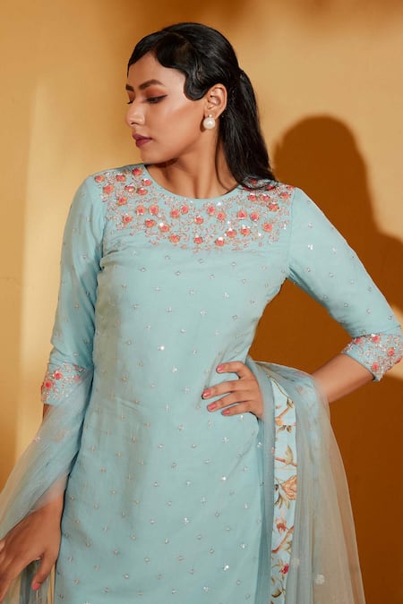 Buy_Suruchi Parakh_Blue Georgette, Crepe Embroidery, Sequins Round Neck Kurta Sharara Set _Online_at_Aza_Fashions