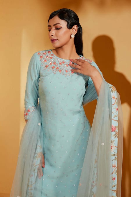 Shop_Suruchi Parakh_Blue Georgette, Crepe Embroidery, Sequins Round Neck Kurta Sharara Set _Online_at_Aza_Fashions