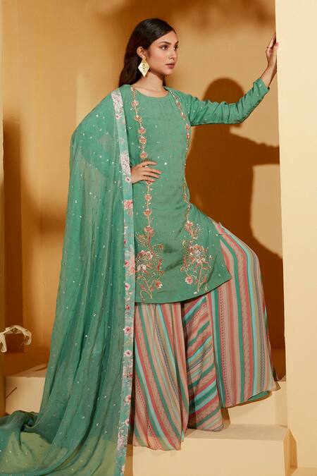 Suruchi Parakh Green Georgette, Crepe Sequins Round Neck Embroidered Kurta Sharara Set Online at Aza Fashions Suruchi Parakh_Green Georgette, Crepe Sequins Round Neck Embroidered Kurta Sharara Set _Online_at_Aza_Fashions