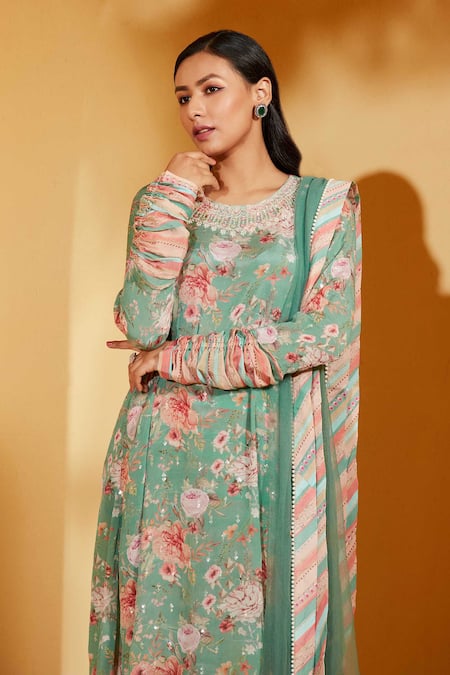 Buy_Suruchi Parakh_Green Georgette, Crepe Embroidery, Sequins Floral Print A-line Anarkali Pant Set _Online_at_Aza_Fashions