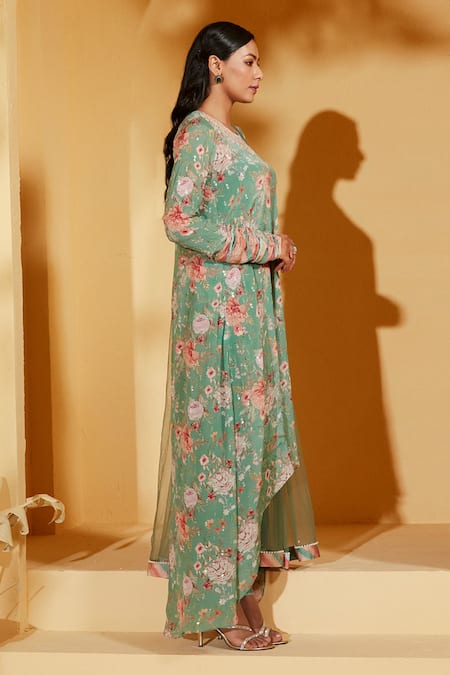 Shop_Suruchi Parakh_Green Georgette, Crepe Embroidery, Sequins Floral Print A-line Anarkali Pant Set _Online_at_Aza_Fashions