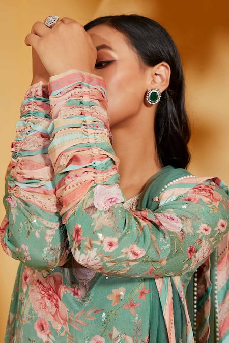 Suruchi Parakh_Green Georgette, Crepe Embroidery, Sequins Floral Print A-line Anarkali Pant Set _at_Aza_Fashions