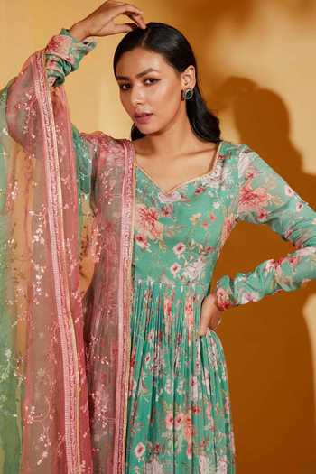 Buy_Suruchi Parakh_Green Georgette, Organza Embroidery V-neck Floral Print Anarkali With Dupatta _Online_at_Aza_Fashions