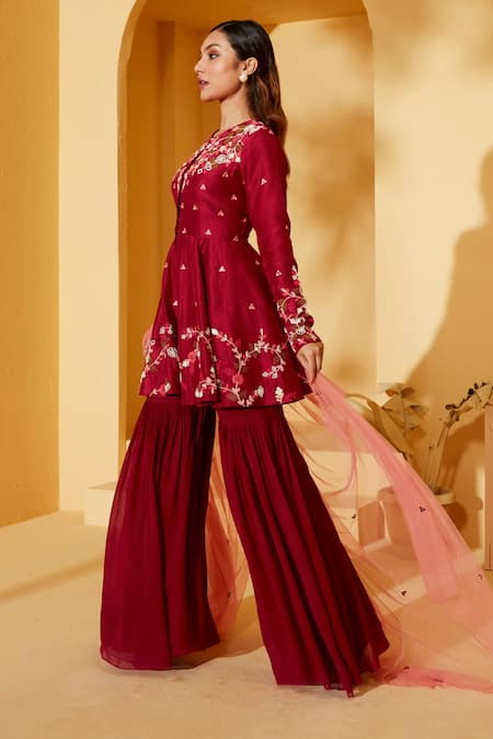 Suruchi Parakh_Wine Georgette, Tussar, Net Embroidery Round Floral Short Anarkali Sharara Set _Online_at_Aza_Fashions