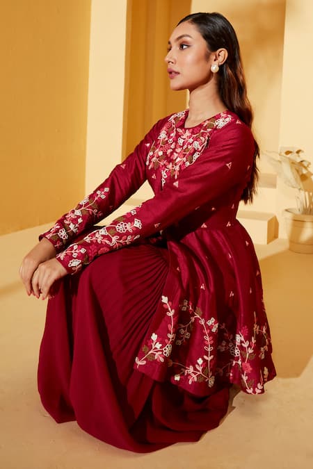 Shop_Suruchi Parakh_Wine Georgette, Tussar, Net Embroidery Round Floral Short Anarkali Sharara Set _Online_at_Aza_Fashions