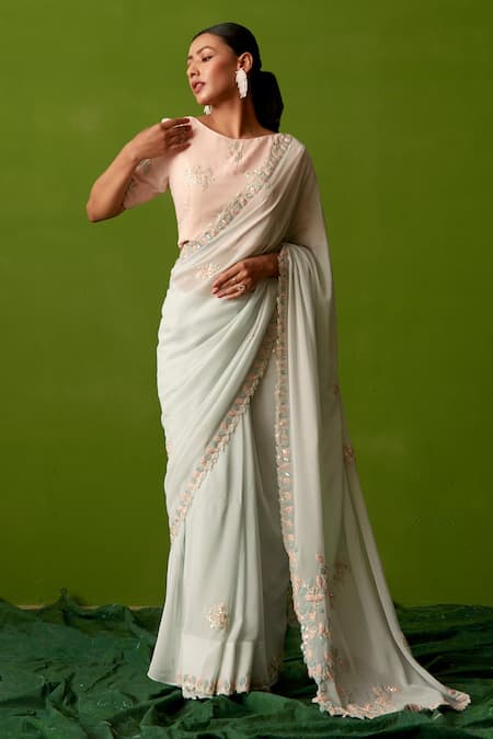 Suruchi Parakh Blue Georgette Embroidery, Mirrors, Sequins Round Neck Saree With Blouse