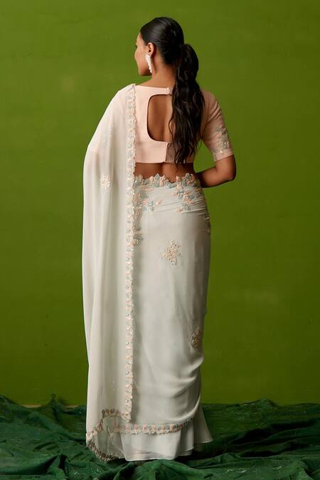 Shop Suruchi Parakh Blue Georgette Embroidery, Mirrors, Sequins Round Neck Saree With Blouse at Aza Fashions Shop_Suruchi Parakh_Blue Georgette Embroidery, Mirrors, Sequins Round Neck Saree With Blouse_at_Aza_Fashions