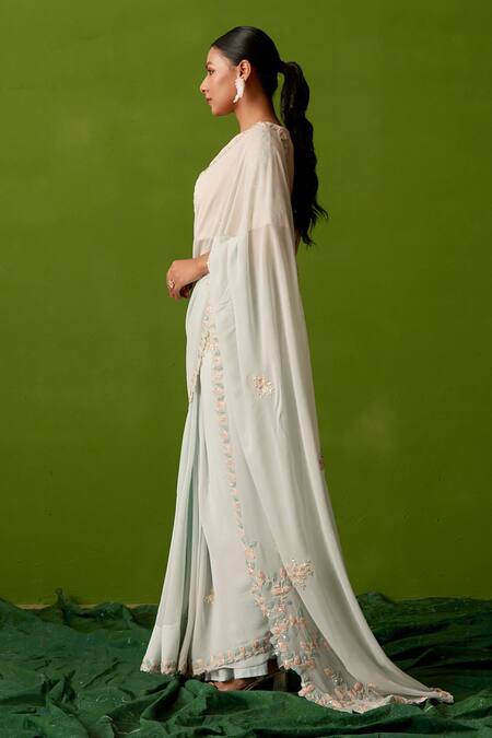 Suruchi Parakh Blue Georgette Embroidery, Mirrors, Sequins Round Neck Saree With Blouse Online at Aza Fashions Suruchi Parakh_Blue Georgette Embroidery, Mirrors, Sequins Round Neck Saree With Blouse_Online_at_Aza_Fashions