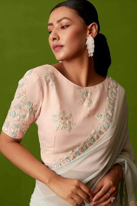 Buy Suruchi Parakh Blue Georgette Embroidery, Mirrors, Sequins Round Neck Saree With Blouse Online at Aza Fashions Buy_Suruchi Parakh_Blue Georgette Embroidery, Mirrors, Sequins Round Neck Saree With Blouse_Online_at_Aza_Fashions