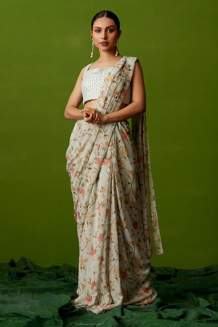 Floral Printed Linen Cotton Saree With Zari Border-Grey – Banarasikargha