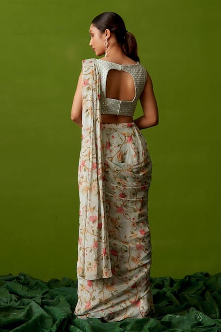 Shop Suruchi Parakh Blue Georgette Embroidery, Mirrors Floral Print Pre-draped Saree With Blouse at Aza Fashions Shop_Suruchi Parakh_Blue Georgette Embroidery, Mirrors Floral Print Pre-draped Saree With Blouse _at_Aza_Fashions