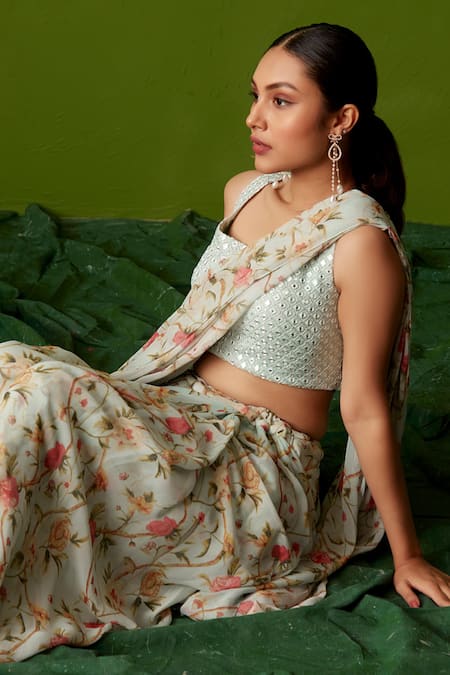 Buy Suruchi Parakh Blue Georgette Embroidery, Mirrors Floral Print Pre-draped Saree With Blouse Online at Aza Fashions Buy_Suruchi Parakh_Blue Georgette Embroidery, Mirrors Floral Print Pre-draped Saree With Blouse _Online_at_Aza_Fashions