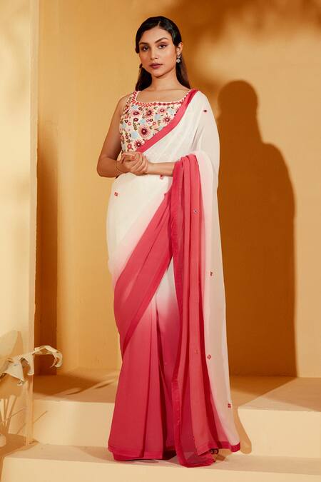 Buy Powder White Saree In Organza With Zardosi Border And Bandhani Printed  Ready Blouse Online - Kalki Fashion