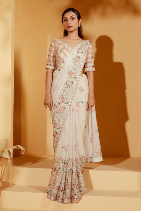 Suruchi Parakh_Off White Georgette Embroidery, Sequins V-neck Floral Print Saree With Blouse _Online_at_Aza_Fashions
