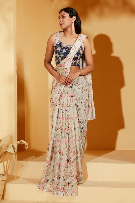 suruchi parakh Off White Georgette Crepe Printed Floral Round Pre-draped Pant Saree With Blouse