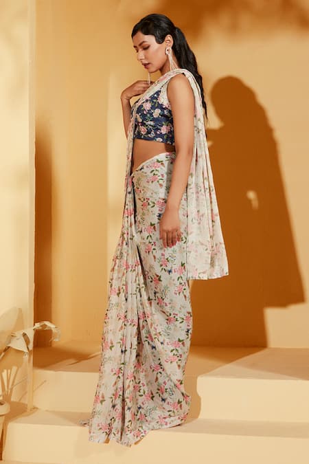 Suruchi Parakh_Off White Tussar, Georgette Floral Print Pre-draped Pant Saree With Blouse _Online_at_Aza_Fashions