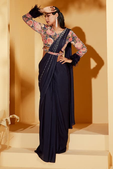 Suruchi Parakh_Purple Crepe Embroidery, Beads V-neck Pre-draped Skirt Saree With Blouse _Online_at_Aza_Fashions