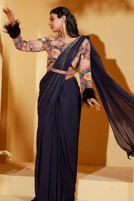 Buy_Suruchi Parakh_Purple Crepe Embroidery, Beads V-neck Pre-draped Skirt Saree With Blouse _Online_at_Aza_Fashions