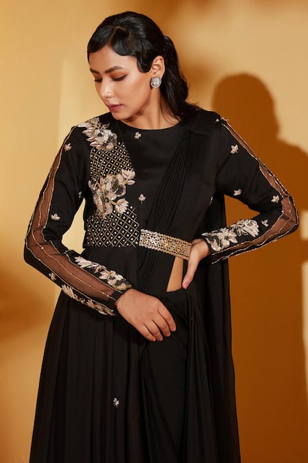 Suruchi Parakh_Black Georgette Embroidery, Sequins Round Neck Solid Saree With Jacket Blouse _Online_at_Aza_Fashions