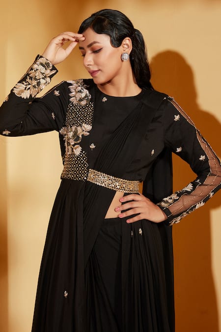 Shop_Suruchi Parakh_Black Georgette Embroidery, Sequins Round Neck Solid Saree With Jacket Blouse _Online_at_Aza_Fashions