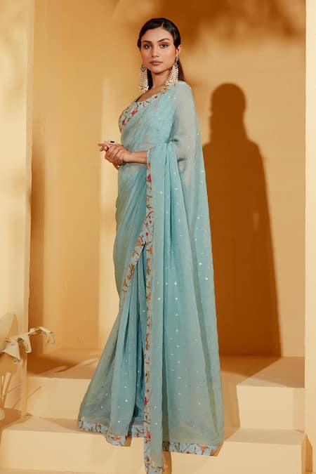 Buy_Suruchi Parakh_Blue Georgette Sequins, Embroidery Round Neck Border Printed Saree With Blouse _Online_at_Aza_Fashions