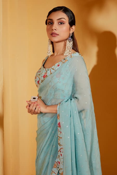 Shop_Suruchi Parakh_Blue Georgette Sequins, Embroidery Round Neck Border Printed Saree With Blouse _Online_at_Aza_Fashions