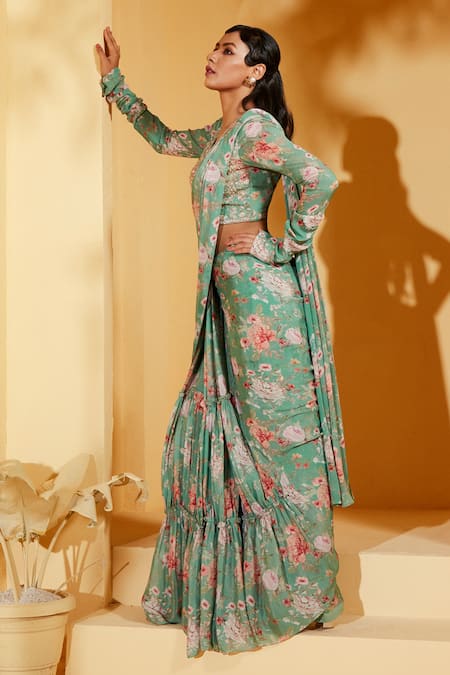 Buy_Suruchi Parakh_Green Georgette, Crepe Embroidery, Floral Print Pre-draped Saree With Blouse _Online_at_Aza_Fashions
