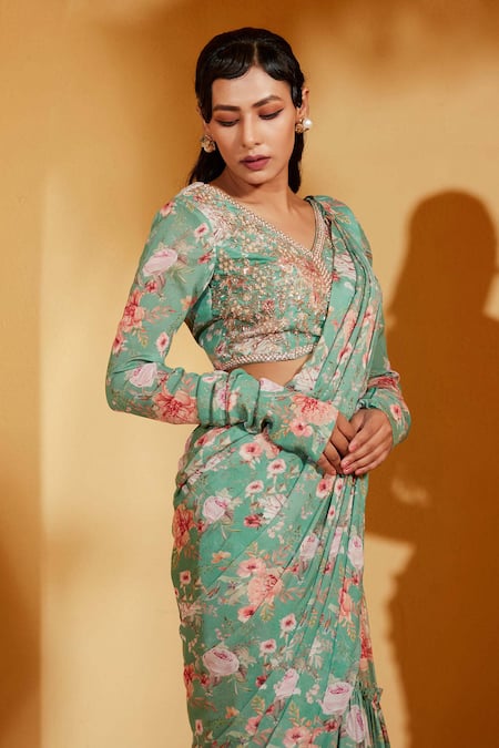 Suruchi Parakh_Green Georgette, Crepe Embroidery, Floral Print Pre-draped Saree With Blouse _at_Aza_Fashions