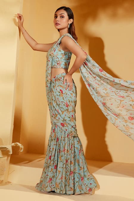 Suruchi Parakh_Blue Georgette, Crepe Sequins, Floral Print Pre-draped Sharara Saree With Blouse _Online_at_Aza_Fashions