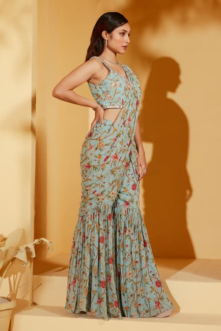 Buy_Suruchi Parakh_Blue Georgette, Crepe Sequins, Floral Print Pre-draped Sharara Saree With Blouse _Online_at_Aza_Fashions