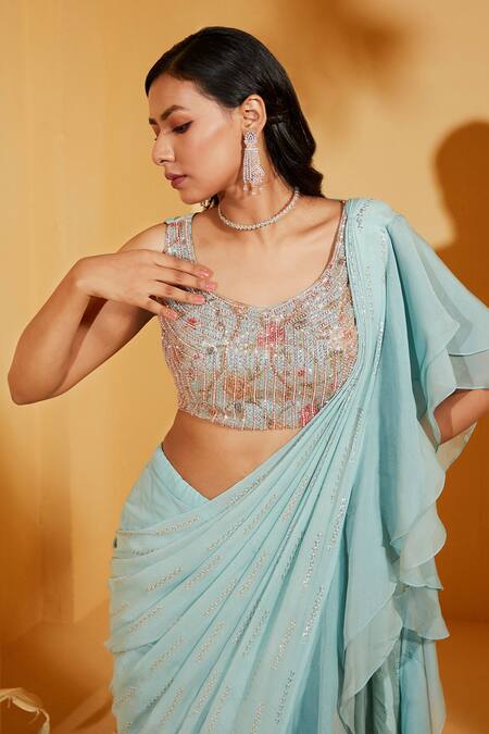 Suruchi Parakh_Blue Georgette, Crepe Sequins Round Neck Ruffle Pre-draped Saree With Blouse _at_Aza_Fashions