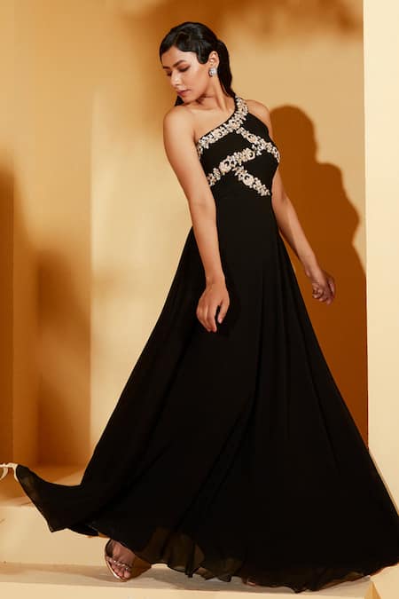 Shop_Suruchi Parakh_Black Georgette, Crepe Embroidery One Shoulder Zardosi Gown _Online_at_Aza_Fashions