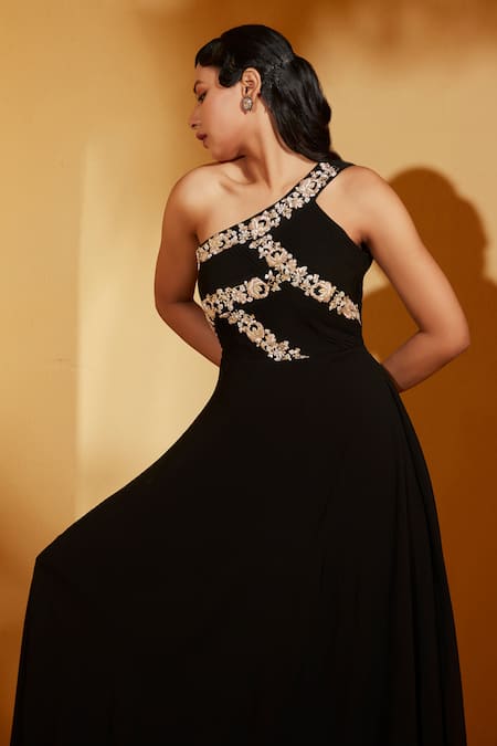 Suruchi Parakh_Black Georgette, Crepe Embroidery One Shoulder Zardosi Gown _at_Aza_Fashions