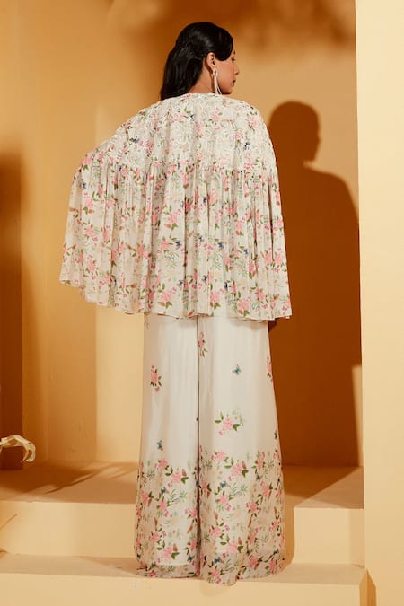 Shop Suruchi Parakh White Georgette, Crepe Embroidery, Sequins V-neck Printed And Cape Pant Set at Aza Fashions Shop_Suruchi Parakh_White Georgette, Crepe Embroidery, Sequins V-neck Printed And Cape Pant Set _at_Aza_Fashions