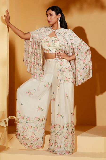 Suruchi Parakh White Georgette, Crepe Embroidery, Sequins V-neck Printed And Cape Pant Set Online at Aza Fashions Suruchi Parakh_White Georgette, Crepe Embroidery, Sequins V-neck Printed And Cape Pant Set _Online_at_Aza_Fashions