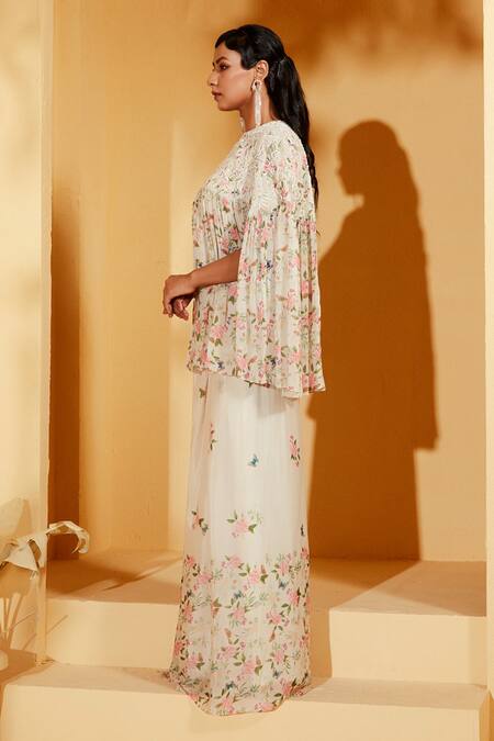 Buy Suruchi Parakh White Georgette, Crepe Embroidery, Sequins V-neck Printed And Cape Pant Set Online at Aza Fashions Buy_Suruchi Parakh_White Georgette, Crepe Embroidery, Sequins V-neck Printed And Cape Pant Set _Online_at_Aza_Fashions