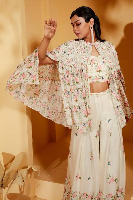 Shop Suruchi Parakh White Georgette, Crepe Embroidery, Sequins V-neck Printed And Cape Pant Set Online at Aza Fashions Shop_Suruchi Parakh_White Georgette, Crepe Embroidery, Sequins V-neck Printed And Cape Pant Set _Online_at_Aza_Fashions