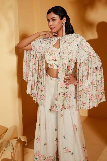 Suruchi Parakh White Georgette, Crepe Embroidery, Sequins V-neck Printed And Cape Pant Set at Aza Fashions Suruchi Parakh_White Georgette, Crepe Embroidery, Sequins V-neck Printed And Cape Pant Set _at_Aza_Fashions