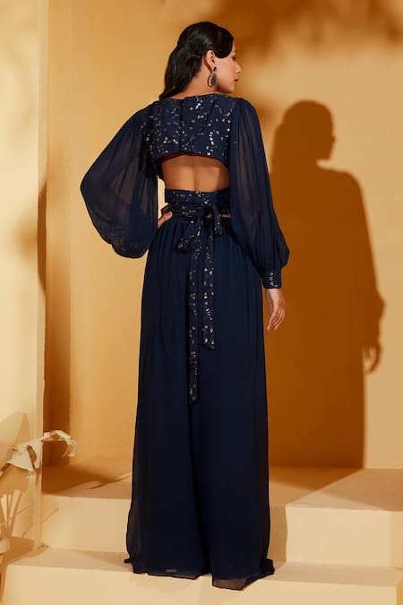 Shop Suruchi Parakh Blue Chanderi Silk, Georgette Sequins, Embroidery V-neck Top And Flared Pant Set at Aza Fashions Shop_Suruchi Parakh_Blue Chanderi Silk, Georgette Sequins, Embroidery V-neck Top And Flared Pant Set _at_Aza_Fashions