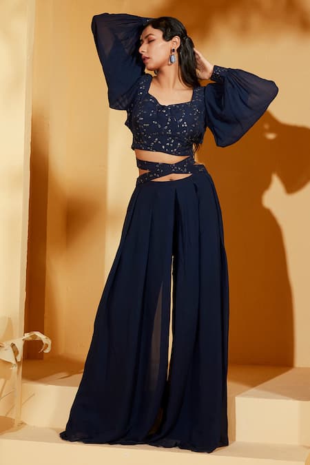 Suruchi Parakh Blue Chanderi Silk, Georgette Sequins, Embroidery V-neck Top And Flared Pant Set Online at Aza Fashions Suruchi Parakh_Blue Chanderi Silk, Georgette Sequins, Embroidery V-neck Top And Flared Pant Set _Online_at_Aza_Fashions