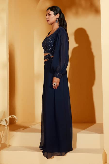 Buy Suruchi Parakh Blue Chanderi Silk, Georgette Sequins, Embroidery V-neck Top And Flared Pant Set Online at Aza Fashions Buy_Suruchi Parakh_Blue Chanderi Silk, Georgette Sequins, Embroidery V-neck Top And Flared Pant Set _Online_at_Aza_Fashions