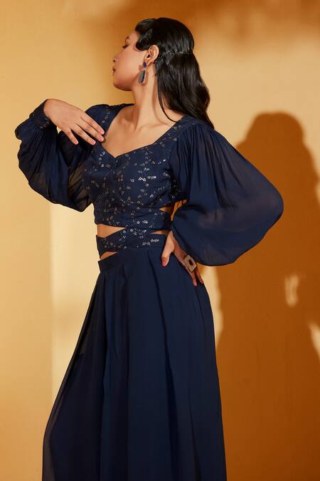 Shop Suruchi Parakh Blue Chanderi Silk, Georgette Sequins, Embroidery V-neck Top And Flared Pant Set Online at Aza Fashions Shop_Suruchi Parakh_Blue Chanderi Silk, Georgette Sequins, Embroidery V-neck Top And Flared Pant Set _Online_at_Aza_Fashions