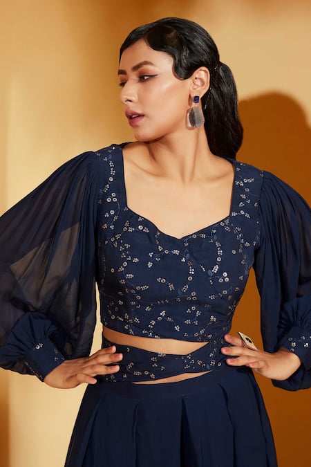 Suruchi Parakh Blue Chanderi Silk, Georgette Sequins, Embroidery V-neck Top And Flared Pant Set at Aza Fashions Suruchi Parakh_Blue Chanderi Silk, Georgette Sequins, Embroidery V-neck Top And Flared Pant Set _at_Aza_Fashions