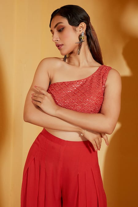 Buy_Suruchi Parakh_Red Crepe, Georgette Sequins, Crystals Embroidered Crop Top With Flared Pant _Online_at_Aza_Fashions
