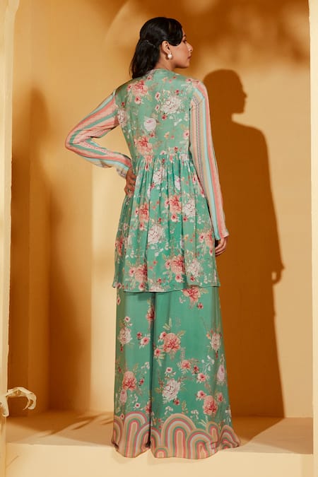 Shop Suruchi Parakh Green Crepe, Georgette Embroidery Round Neck Floral Print Tunic With Pant at Aza Fashions Shop_Suruchi Parakh_Green Crepe, Georgette Embroidery Round Neck Floral Print Tunic With Pant _at_Aza_Fashions